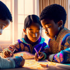 Children coloring book together under warm light with art supplies nearby