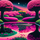 Psychedelic landscape with pink trees, green hills, crescent moon