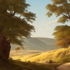 Tranquil landscape with winding road, tall trees, golden hills, and fluffy clouds