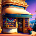 Golden shoe store facade with intricate design and colorful shoes against twilight sky.