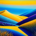 Surreal landscape with blue hills, yellow dune, colorful flora, and sunset sky