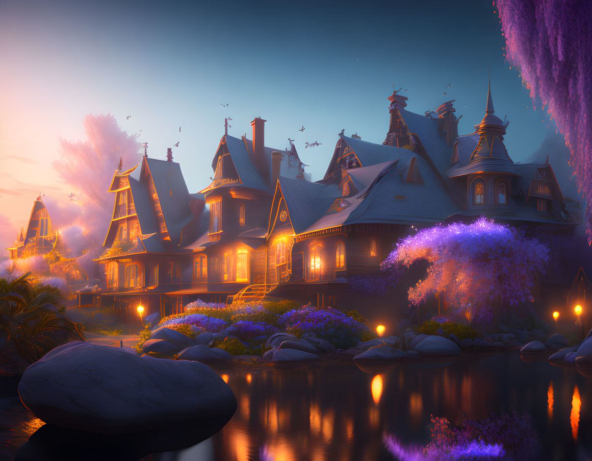 Fairytale village with charming houses and glowing river at dusk