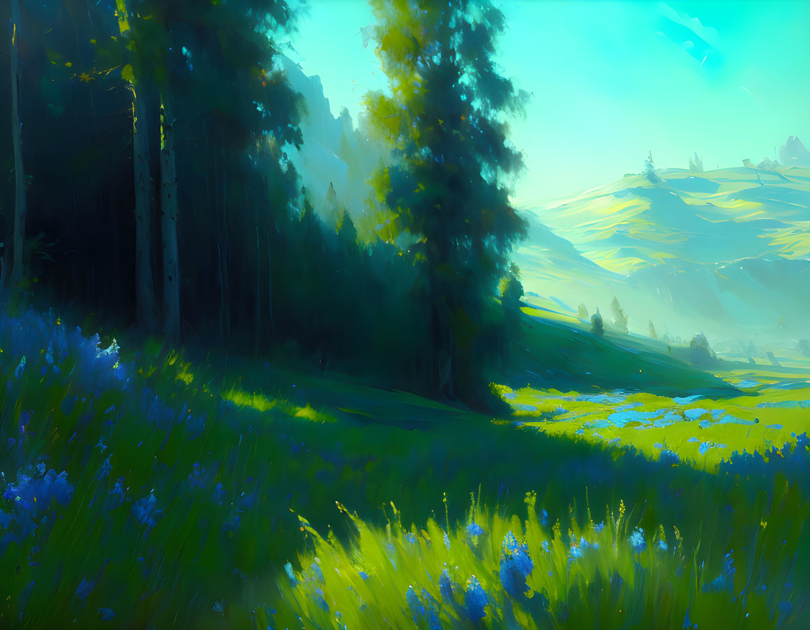 Tranquil landscape with trees, blue flowers, and rolling hills