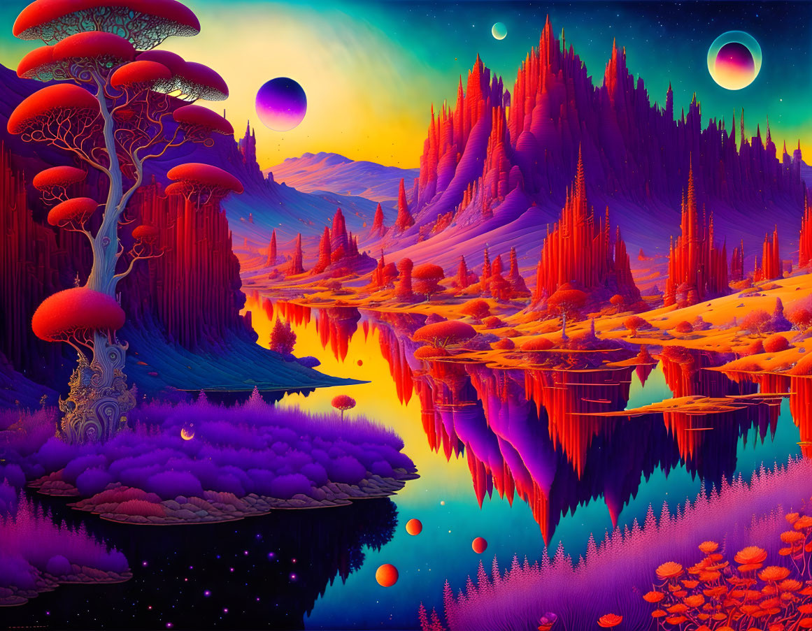 Colorful surreal landscape: mushroom trees, reflective water, purple-orange terrain, alien planets.