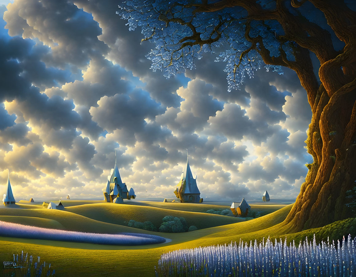 Fantastical landscape with large tree, blue flowers, rolling hills, and whimsical towers under dramatic