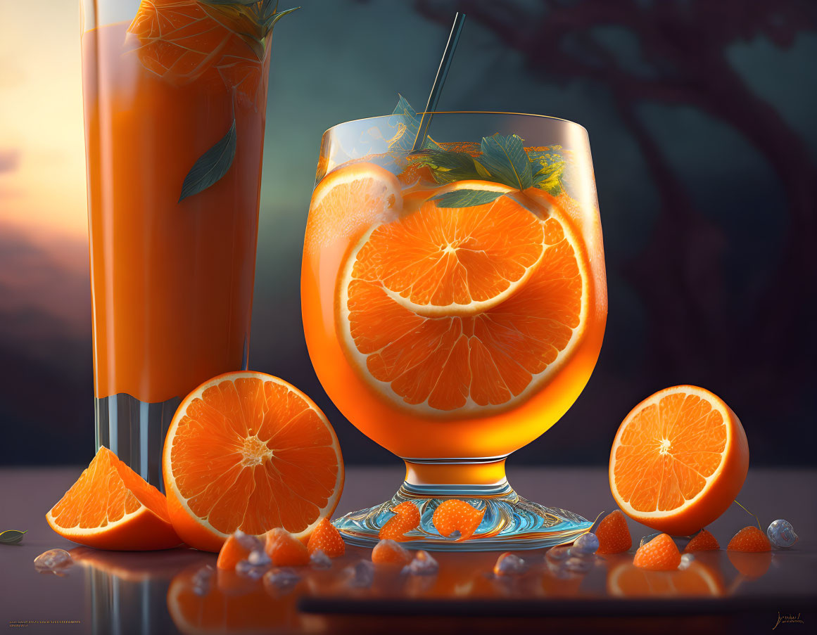 Freshly Sliced Oranges with Orange Juice and Mint Leaves at Sunset