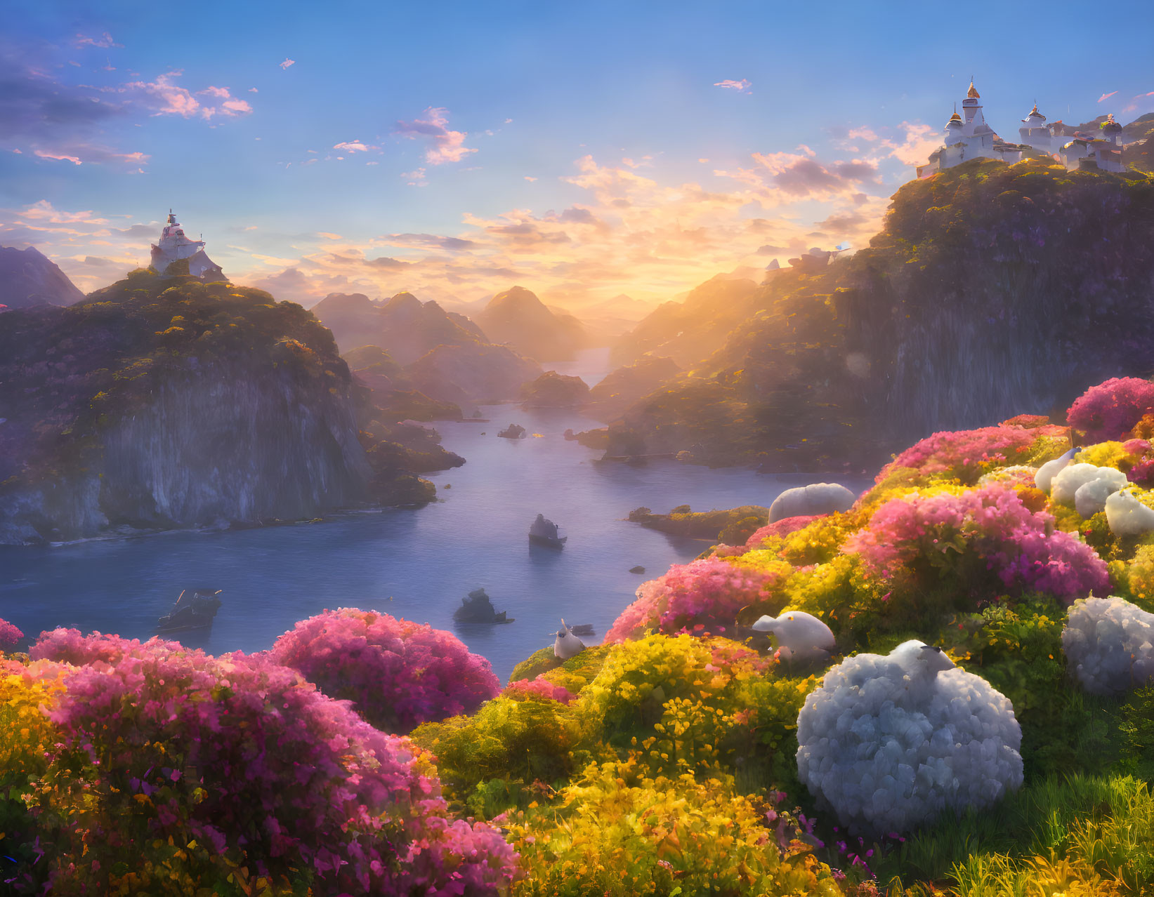 Serene fantasy landscape: sunrise, pink flowers, greenery, rocky peaks, calm waters, distant