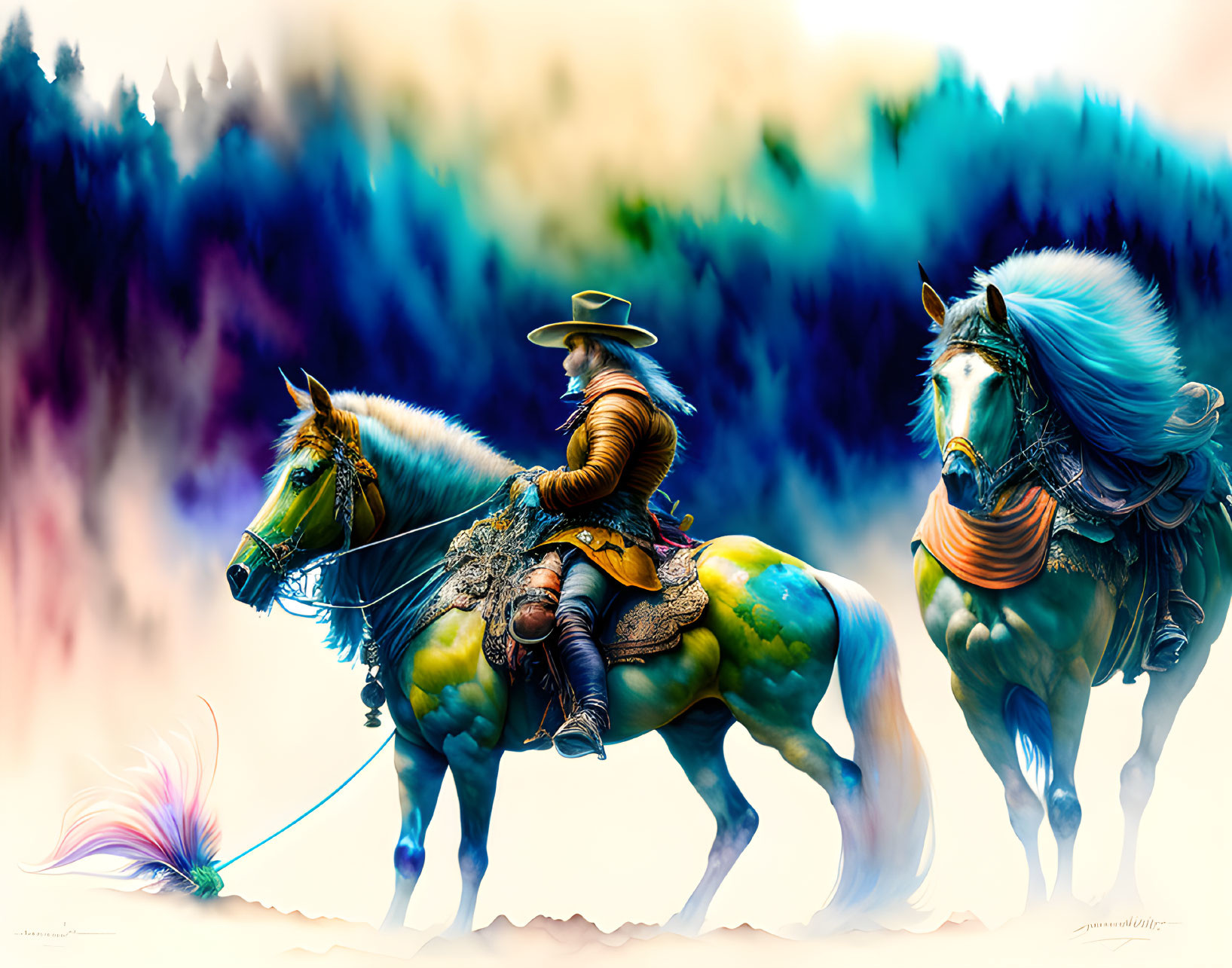 Colorful Illustration: Person on Horse with Elaborate Gear in Abstract Forest