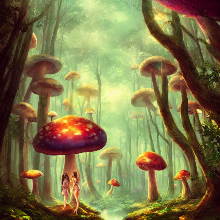 Fantastical forest with oversized colorful mushrooms and small humanoid figures