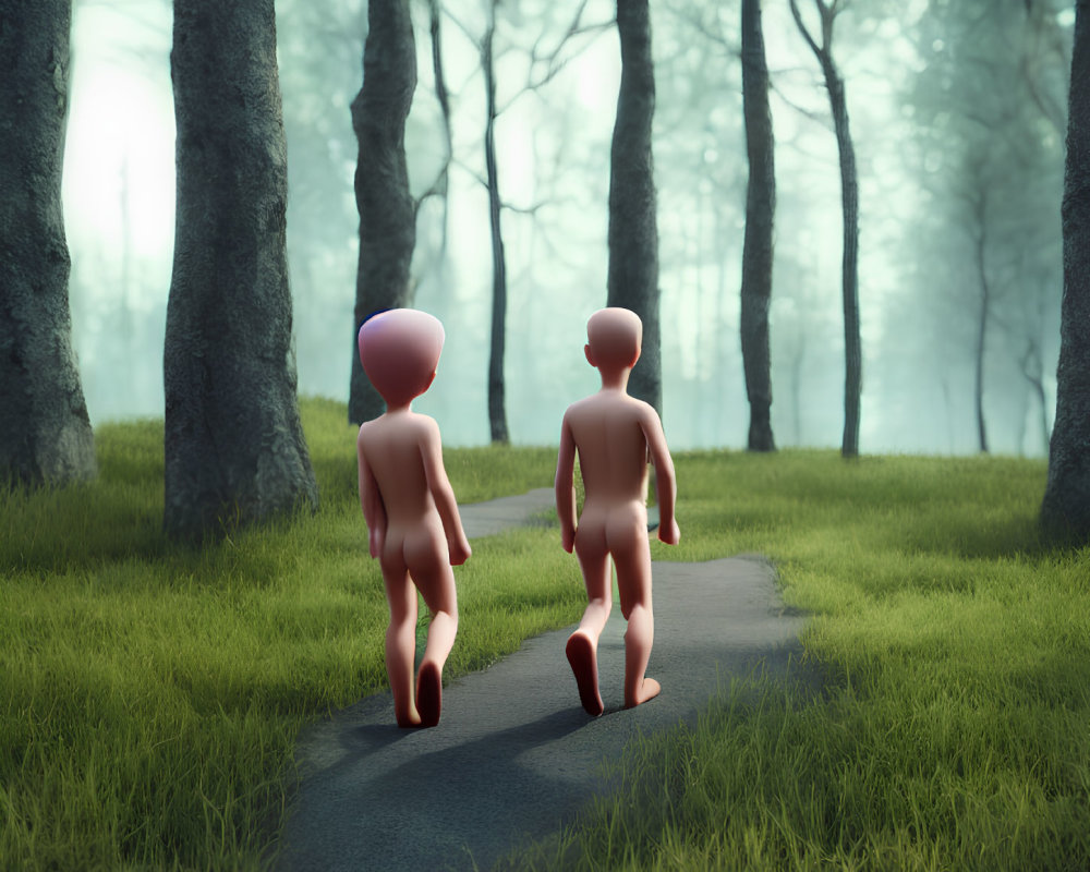 Stylized human figures with pink heads in misty green forest