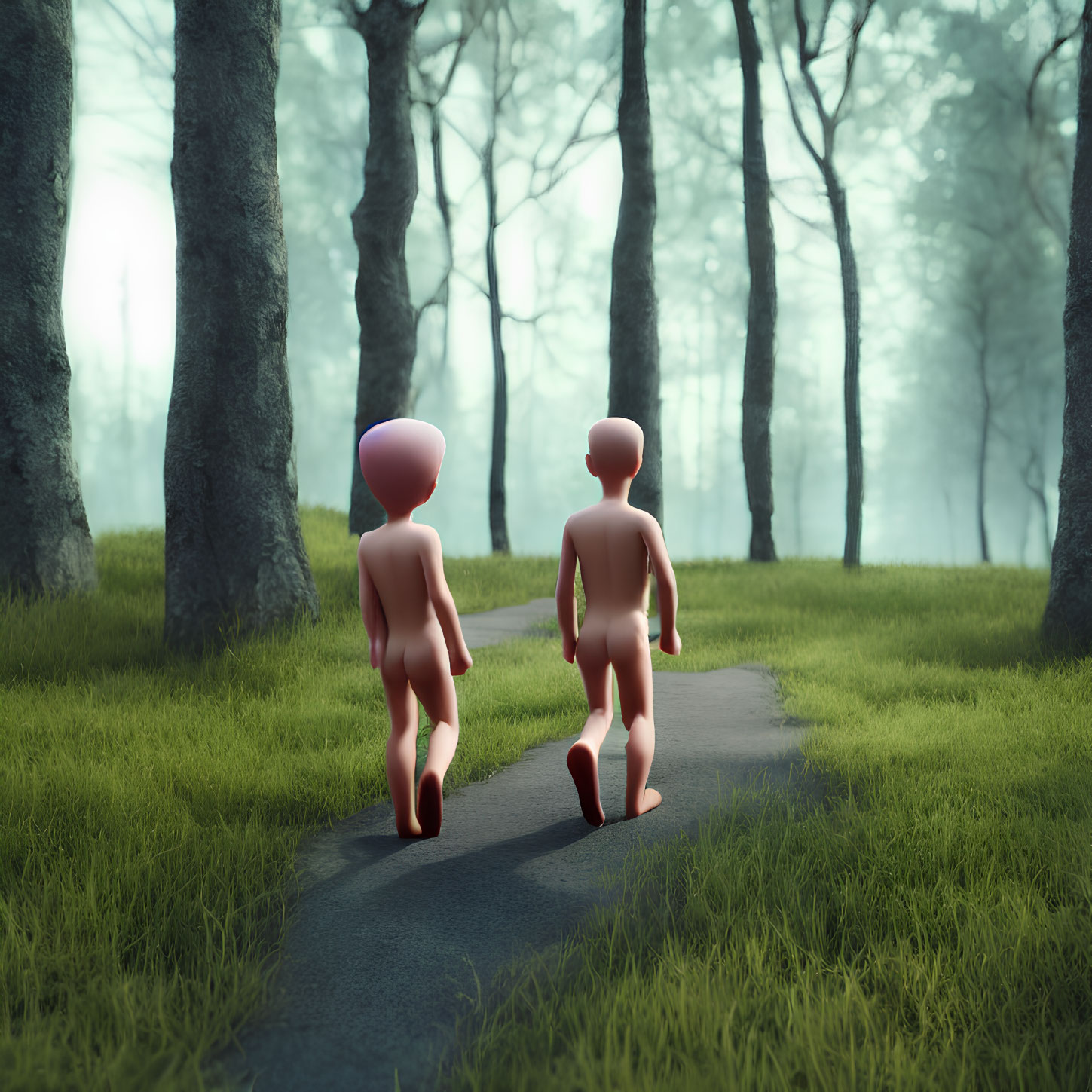 Stylized human figures with pink heads in misty green forest