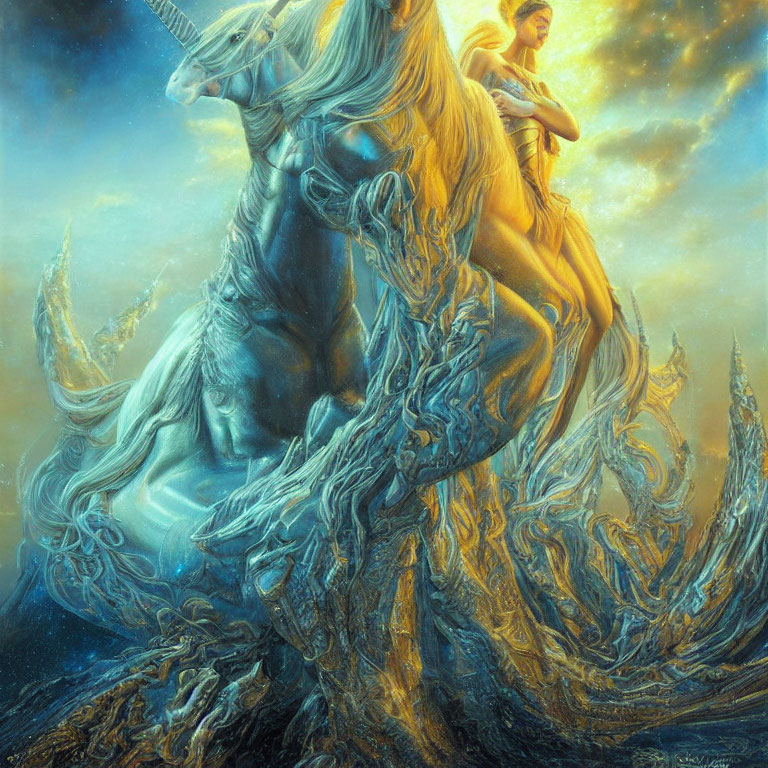 Fantasy scene: Glowing unicorn and rider in luminous blue embrace