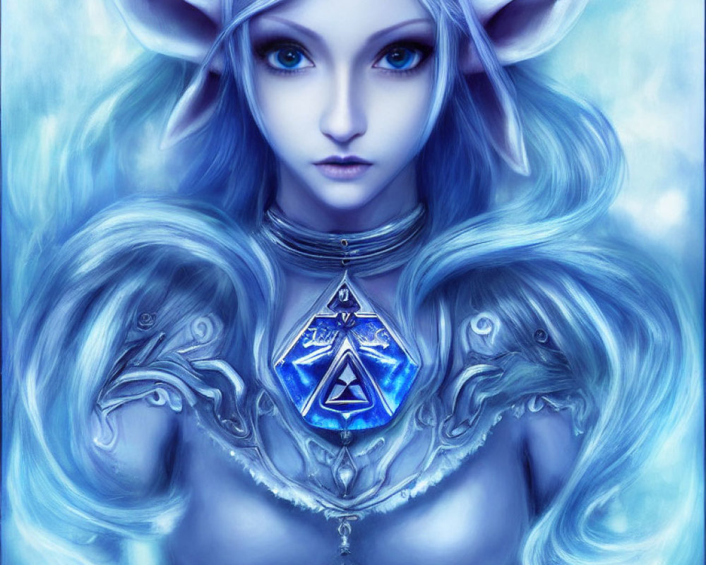 Elf with pointed ears in blue armor with Triforce symbol