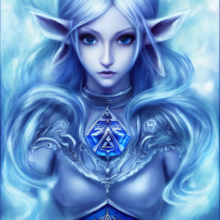 Elf with pointed ears in blue armor with Triforce symbol