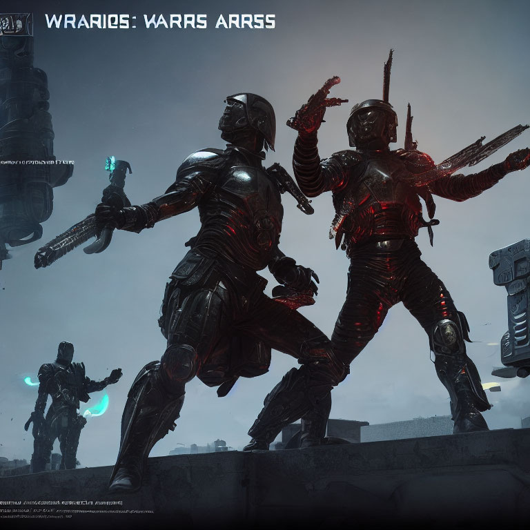 Three armored warriors with glowing weapons in dark, industrial setting
