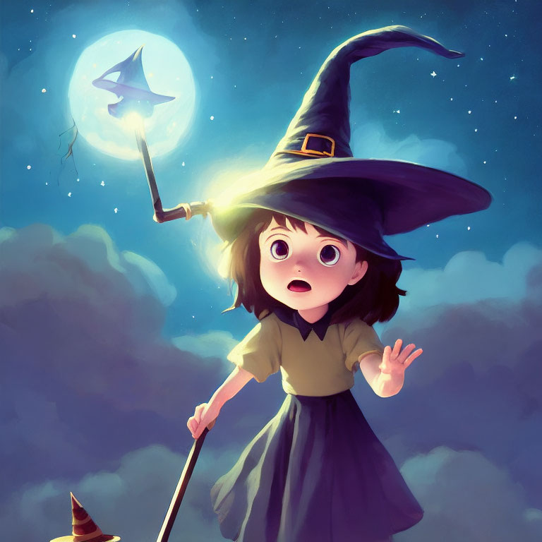 Young witch with large hat and staff under moonlit sky with magical aura.