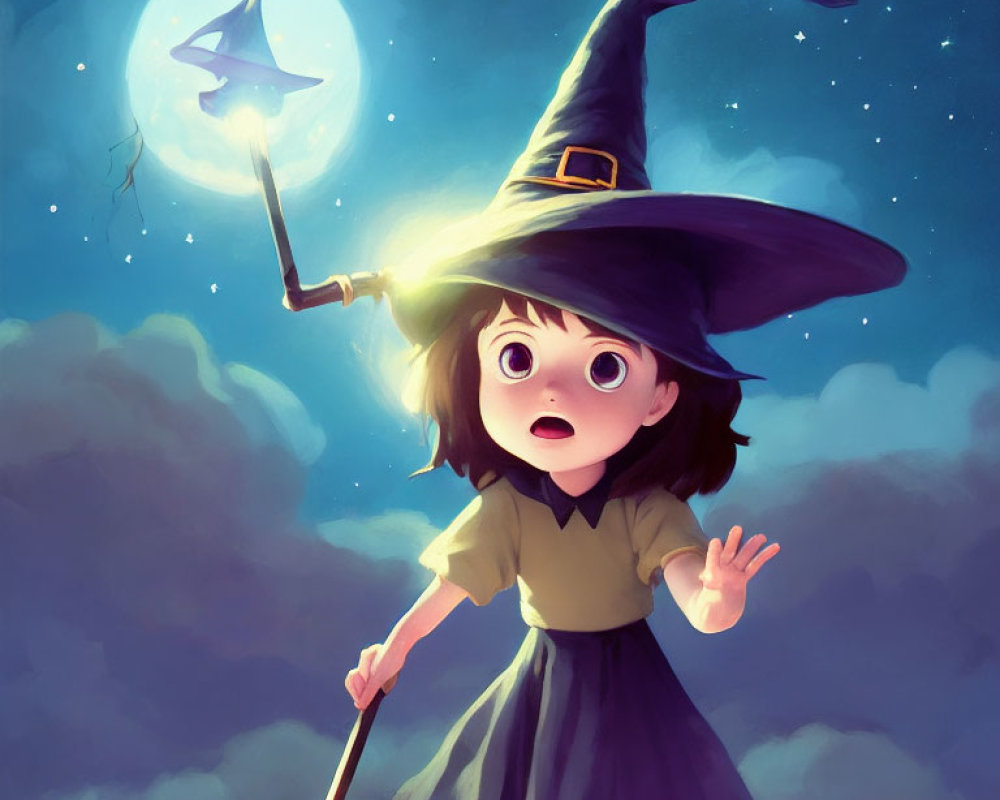Young witch with large hat and staff under moonlit sky with magical aura.