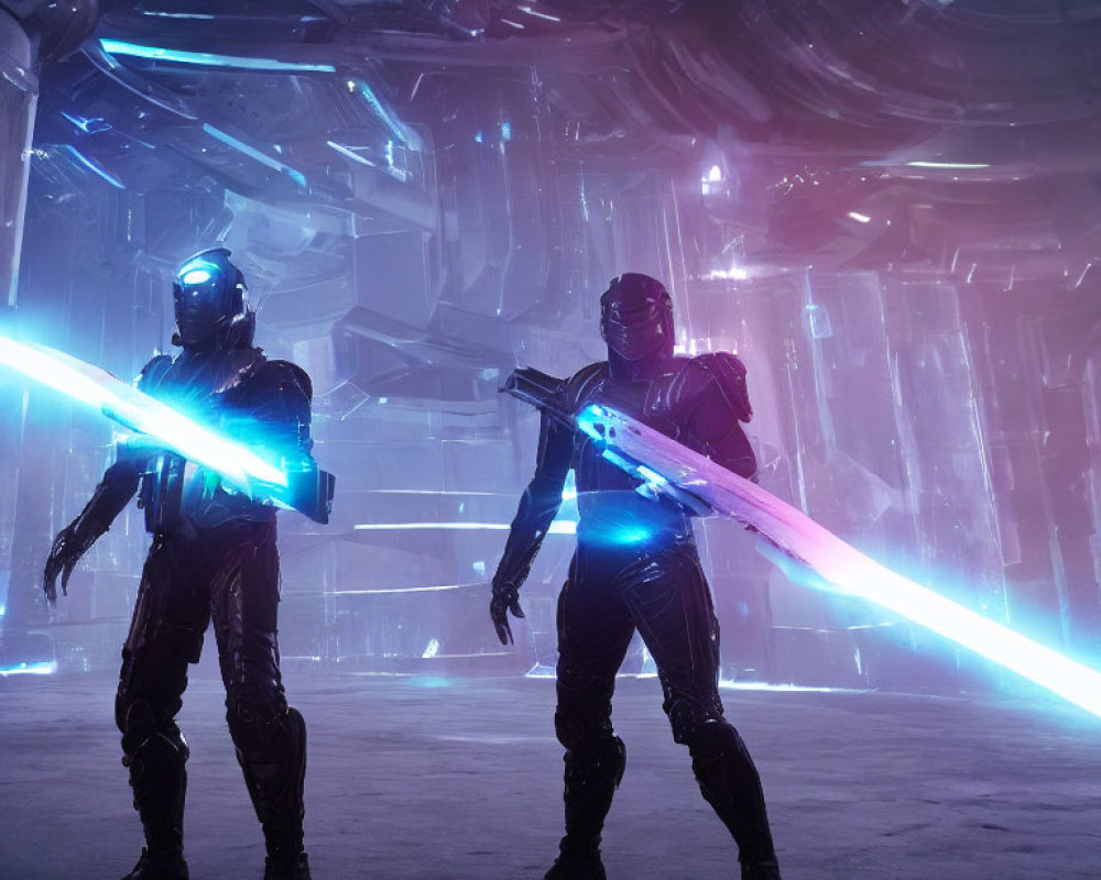 Futuristic armored figures with glowing swords in neon-lit setting