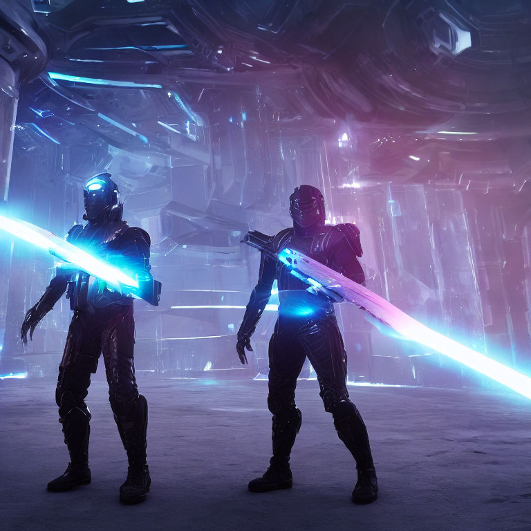 Futuristic armored figures with glowing swords in neon-lit setting