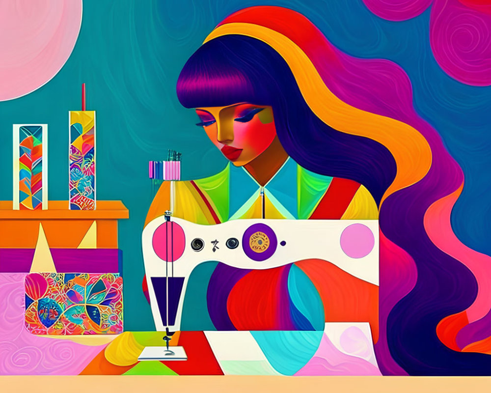 Modern Illustration of a Woman at a Sewing Machine
