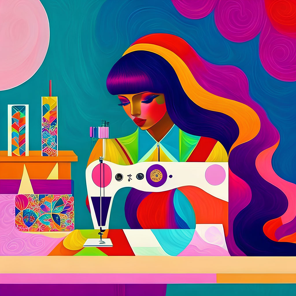 Modern Illustration of a Woman at a Sewing Machine