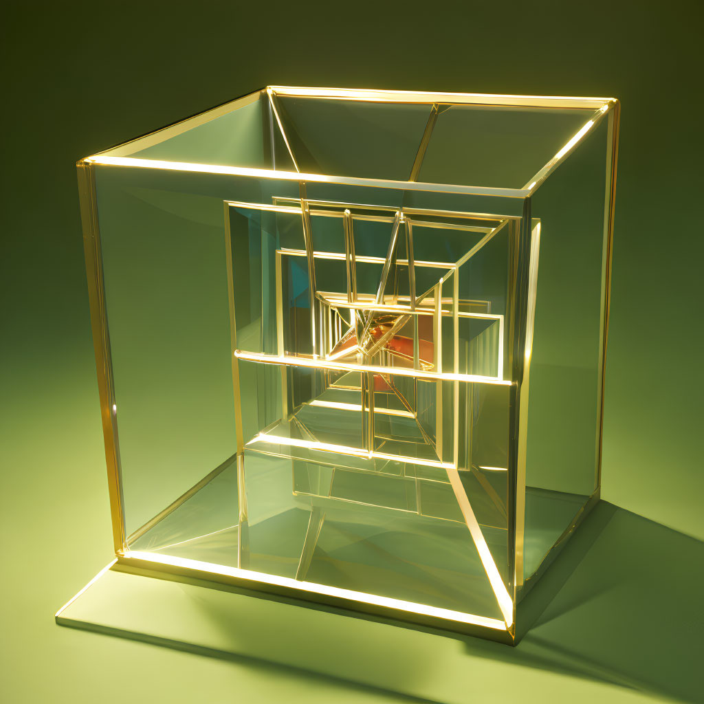 Three-Dimensional Transparent Cube with Gold Accents