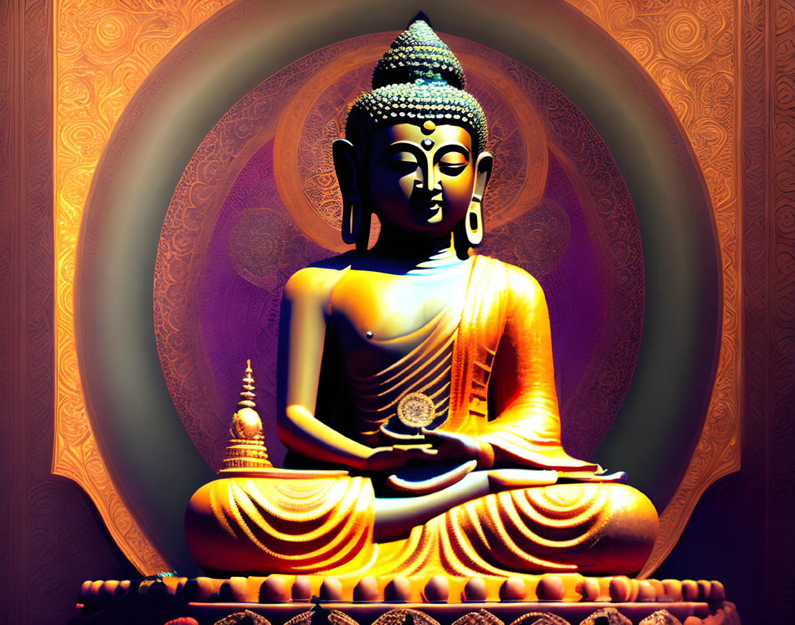 Golden Buddha Statue Meditating with Ornate Circular Patterns