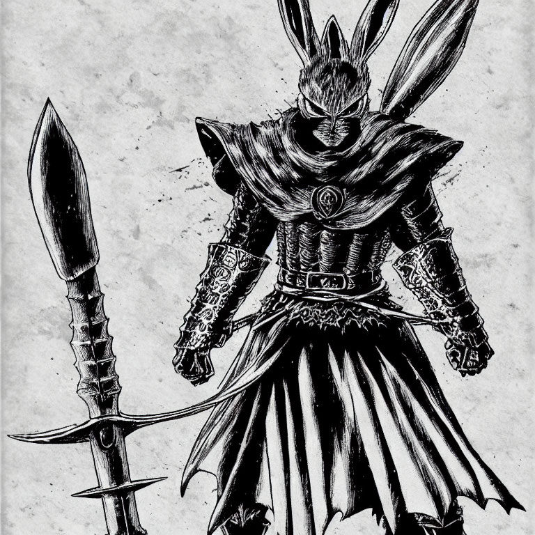 Monochrome warrior in armor with rabbit helmet and spear