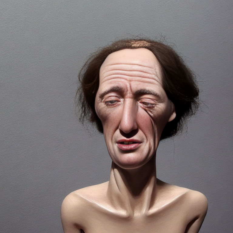 Hyperrealistic sculpture of person with exaggerated facial features