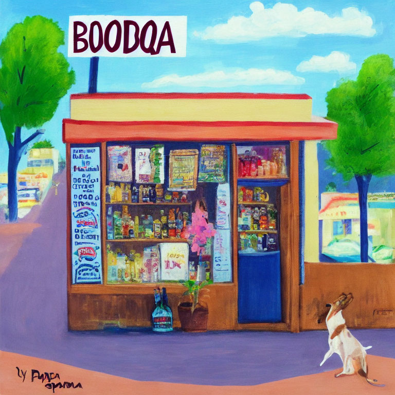 Colorful painting of corner store with "БОДQA" sign, dog outside. Artist's