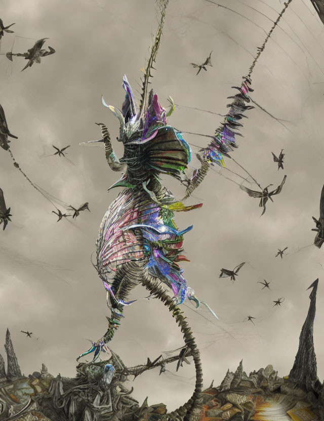 Iridescent-winged creature suspended with strings in cloudy sky