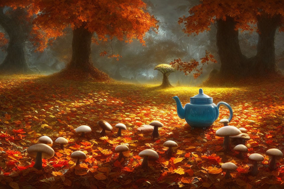 Vibrant blue teapot, mushrooms, golden trees in whimsical autumn scene