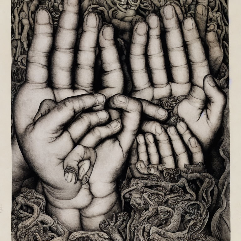 Detailed Pencil Drawing of Overlapping Hands and Intricate Fingers