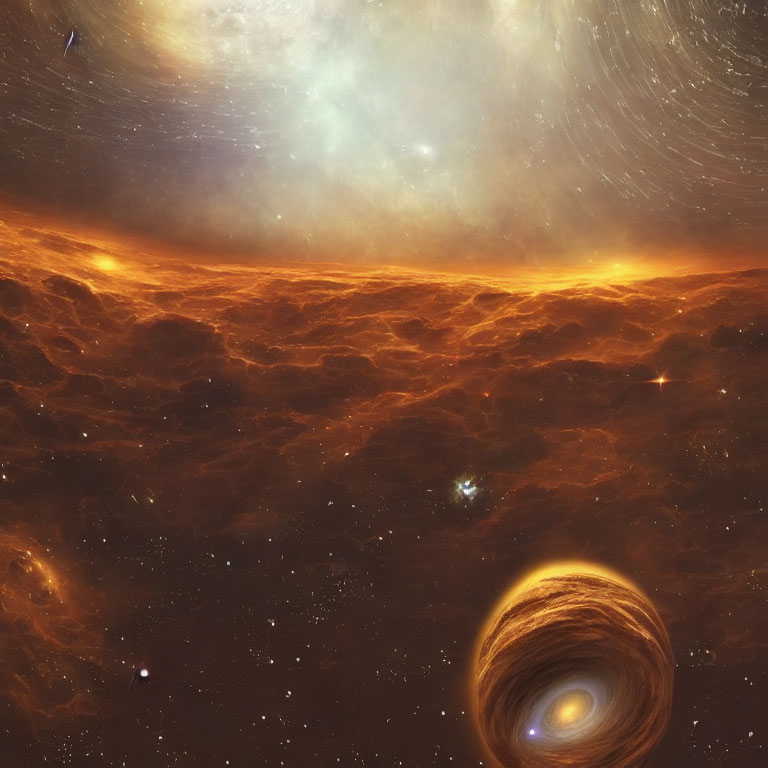 Swirling black hole amidst glowing nebulae and galaxies