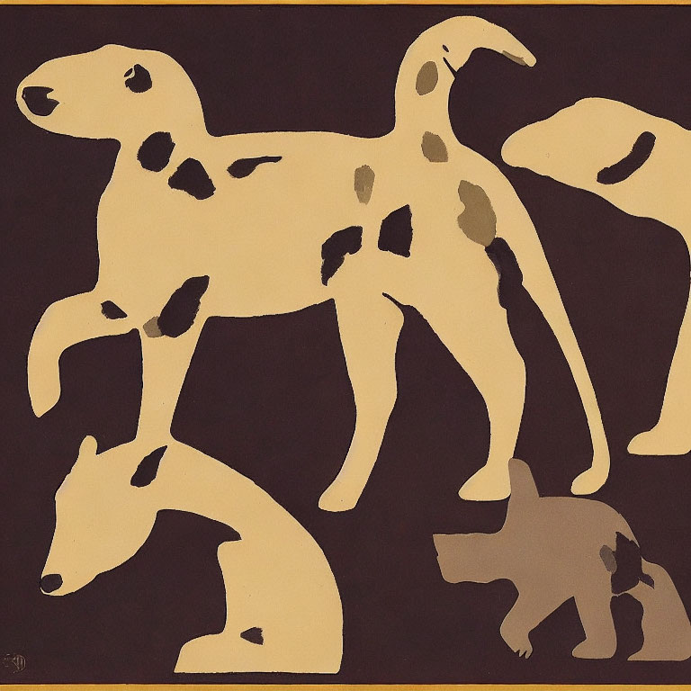 Abstract artwork: Silhouette shapes of spotted dogs in various poses on brown background