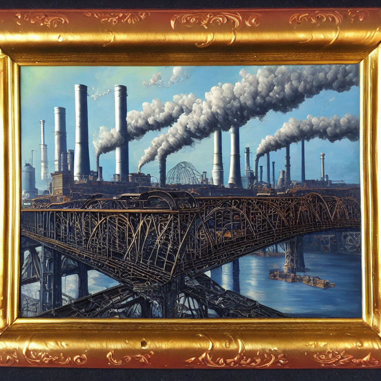 Industrial landscape painting in golden frame with smokestacks and river