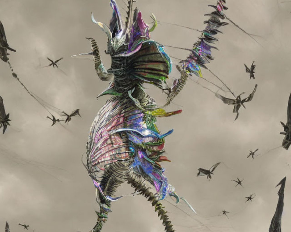 Iridescent-winged creature suspended with strings in cloudy sky