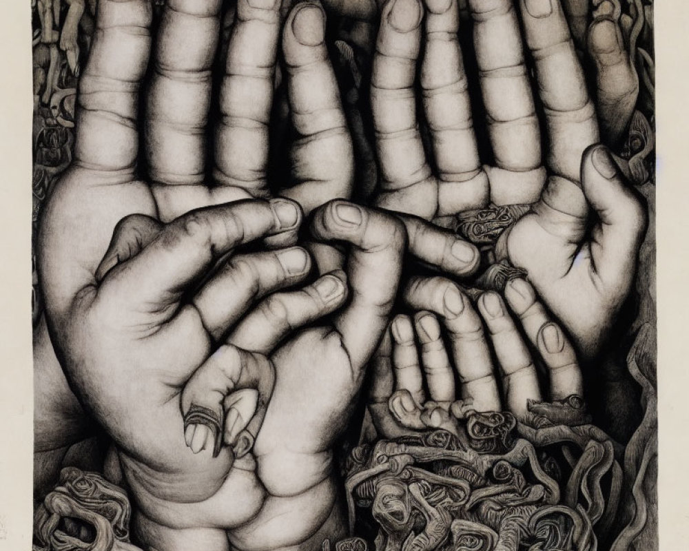 Detailed Pencil Drawing of Overlapping Hands and Intricate Fingers