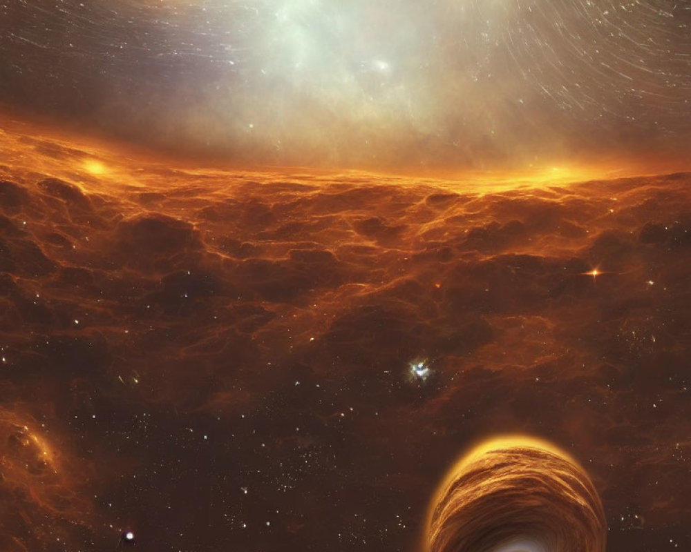 Swirling black hole amidst glowing nebulae and galaxies