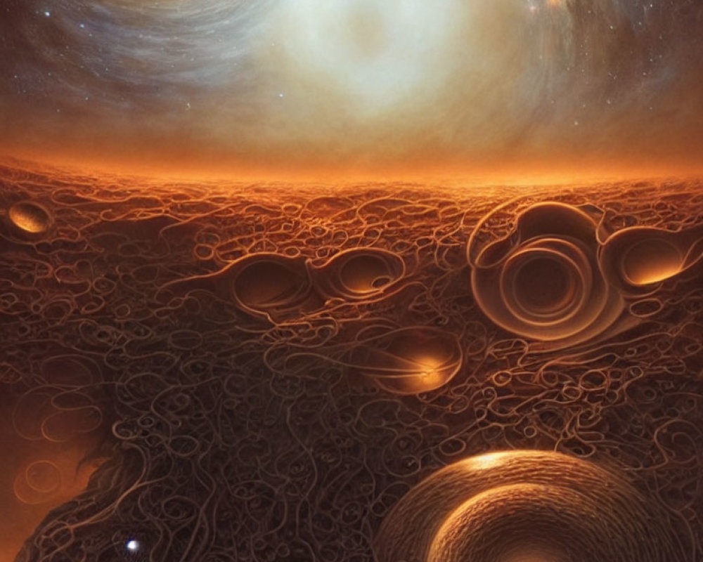 Surreal cosmic landscape with swirling biological cell formations