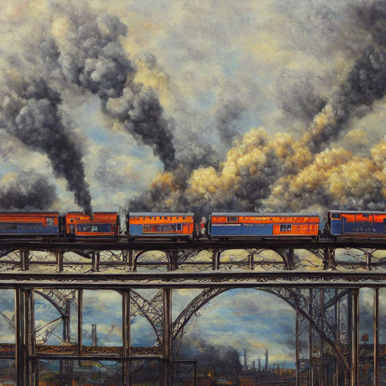 Red and Blue Train Crossing Steel Bridge with Smoke Clouds