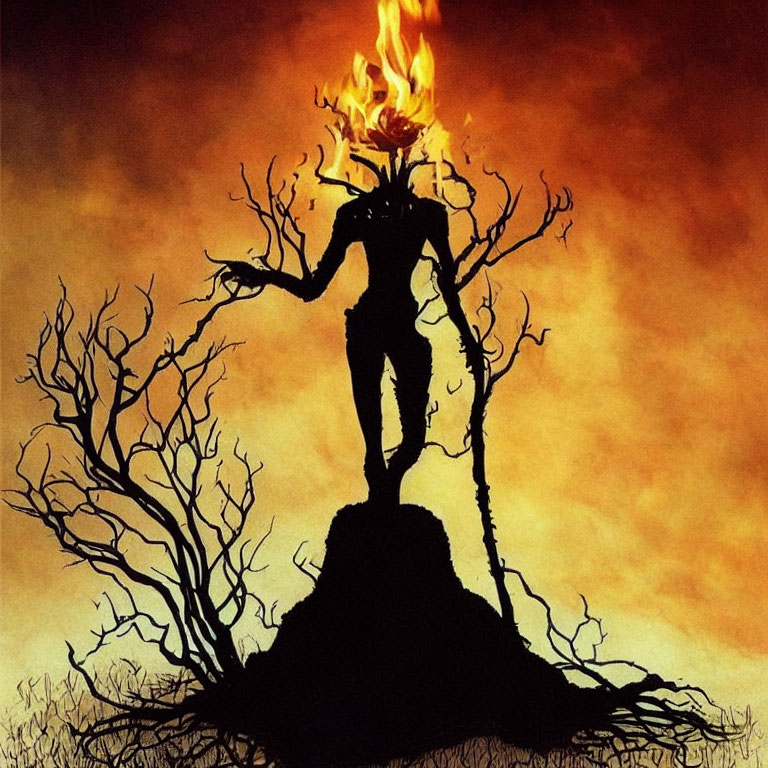 Humanoid Figure with Tree-Like Limbs and Flaming Rose on Head in Fiery Silhouette