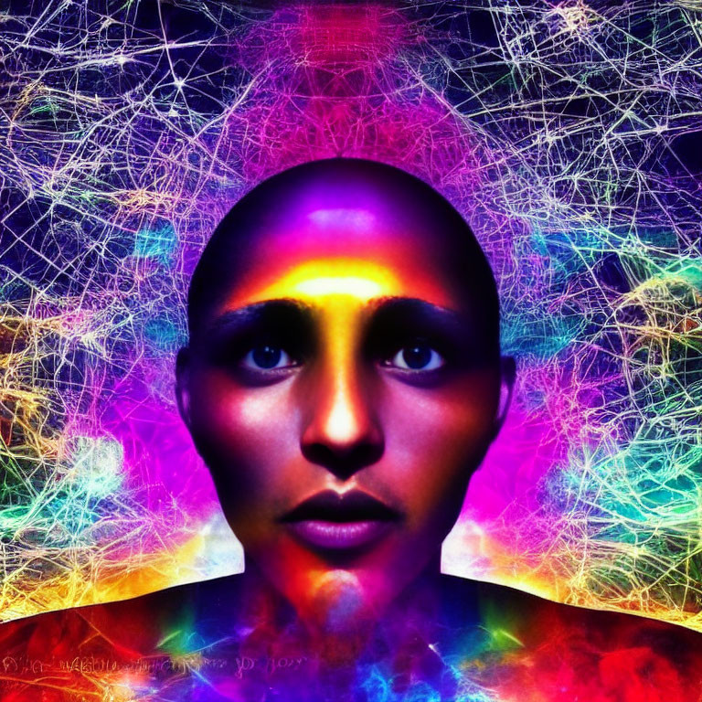 Vibrant digital artwork of a neutral-faced person amid neon lines