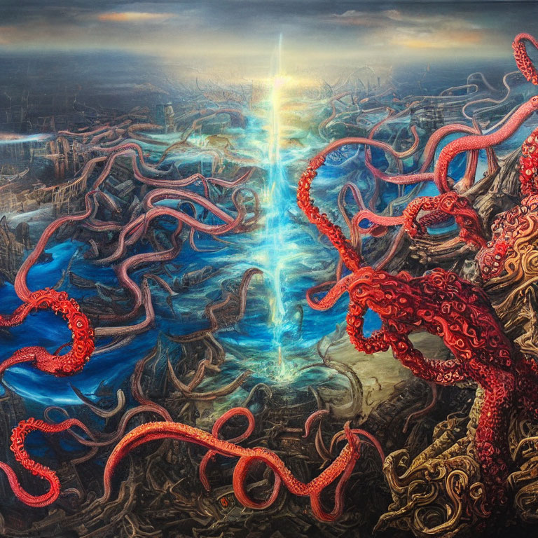 Surreal painting: Giant red octopus tentacles, luminous blue beam, dramatic landscape