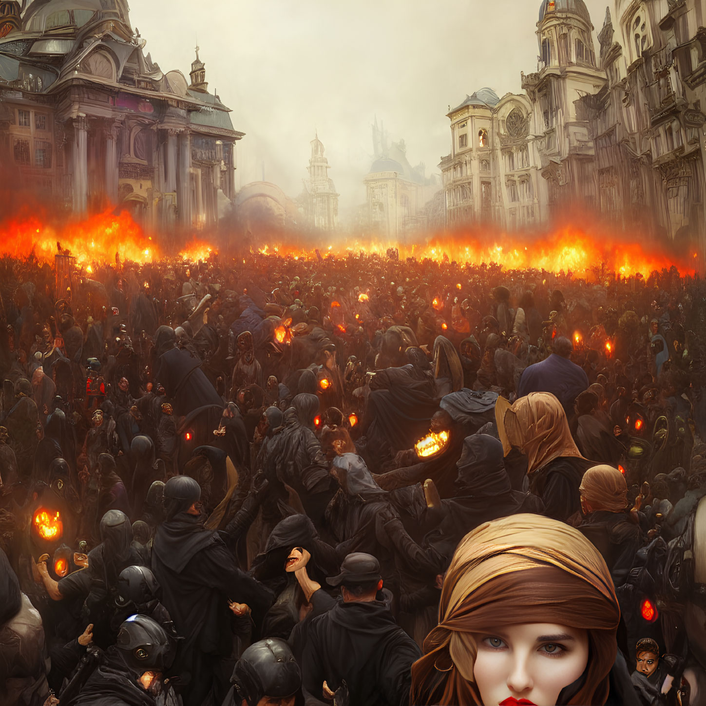 Crowded scene with masked faces, fires, and old architecture.