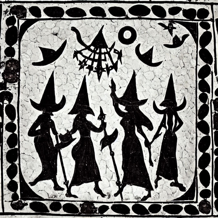 Monochromatic mosaic of four figures in pointed hats under crescent moon