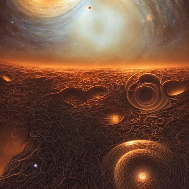 Surreal cosmic landscape with swirling biological cell formations