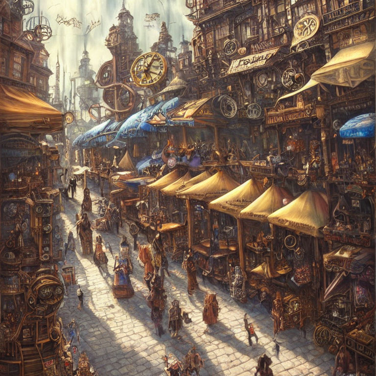 Steampunk market with vendors, crowded streets, intricate buildings, and airships.