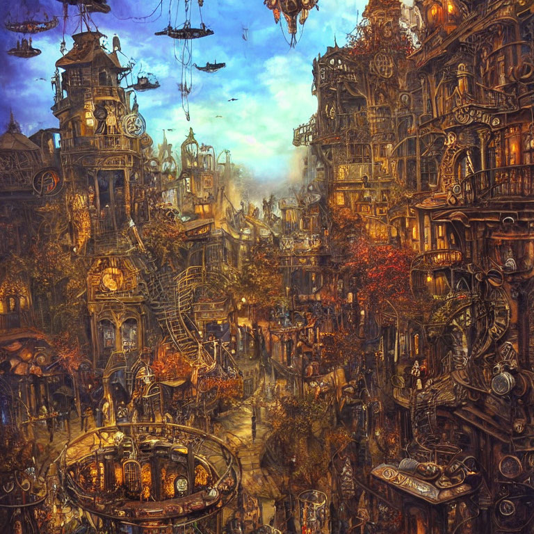 Intricate Steampunk Cityscape with Towers, Airships, and Cobblestone Streets