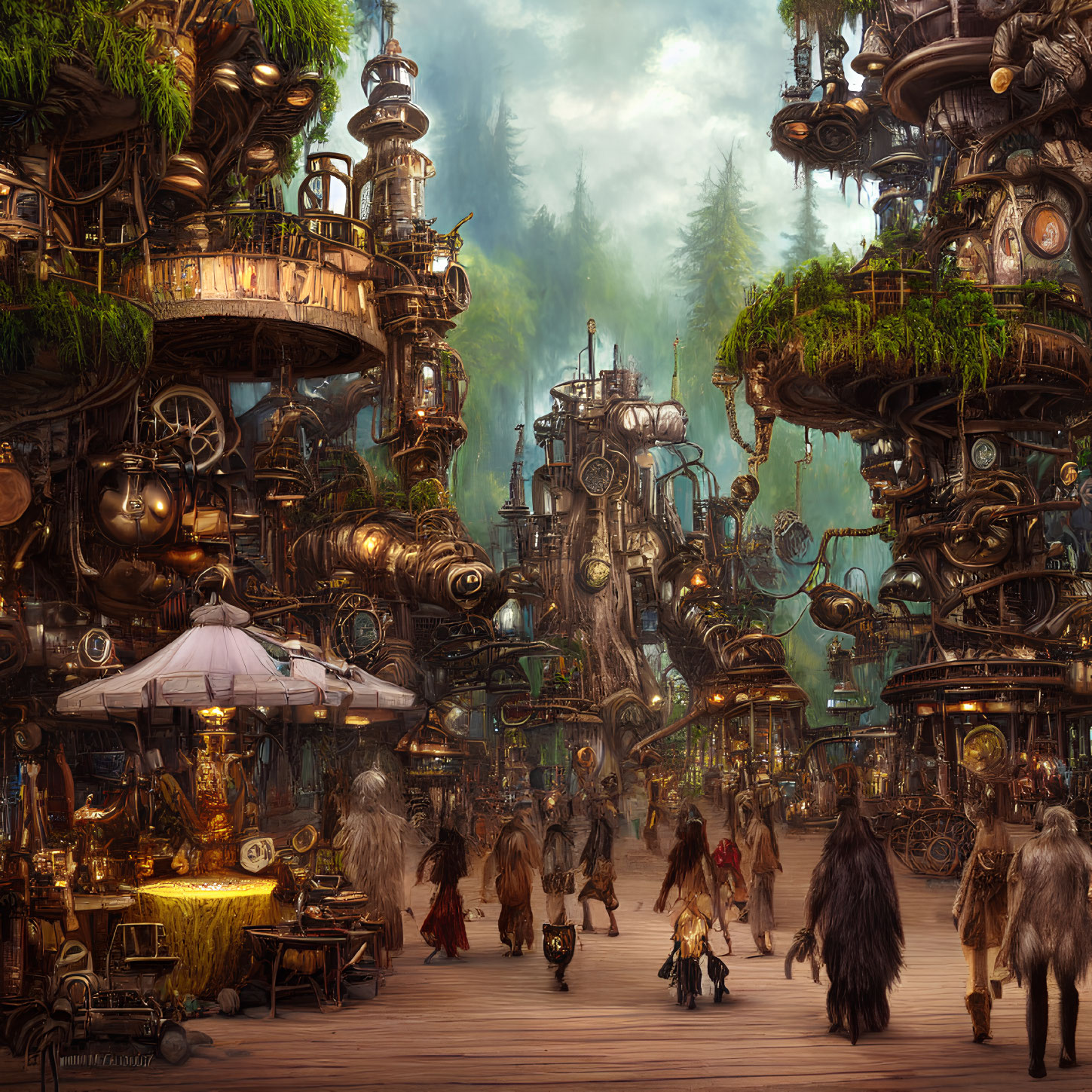 Fantasy steampunk market scene with furry creatures and lush greenery.